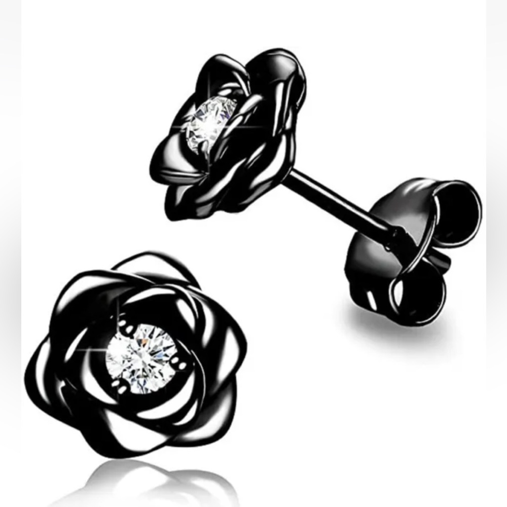 New 14k Black Gold Plated CZ Rose Studs